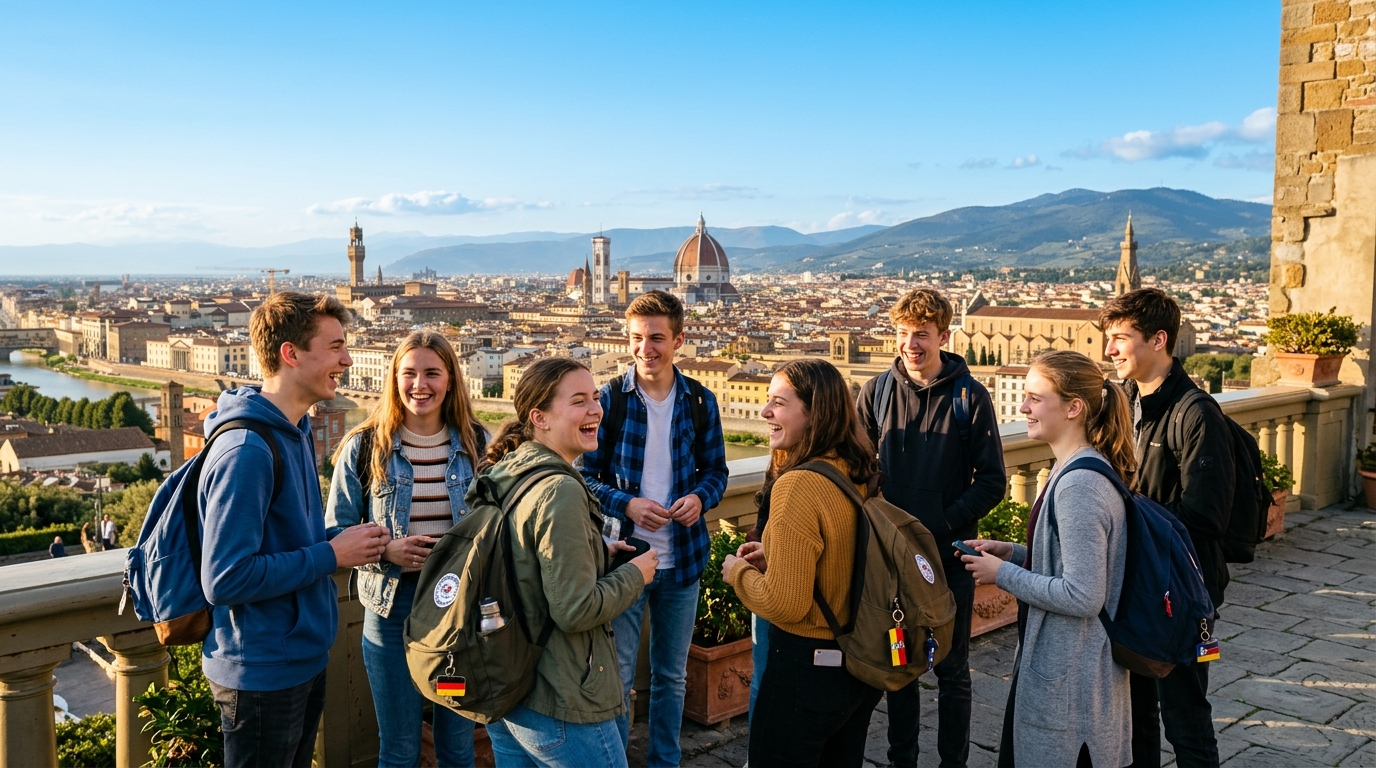 KI-gestaltetes Markenmotiv: eine Reisegruppe mit Blick über Florenz